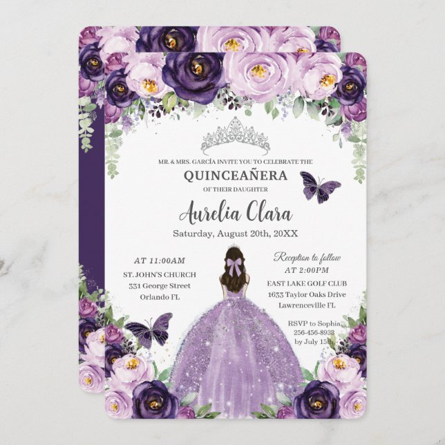 Invitation Quinceañera Papillons floraux violets Argent Tiara (Devant / Derrière)