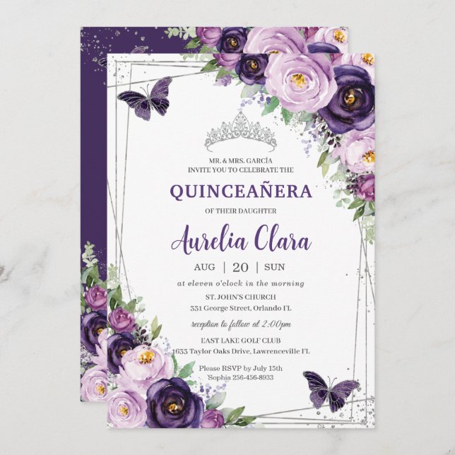 Invitation Quinceañera Papillons floraux violets foncés Lilac (Devant / Derrière)