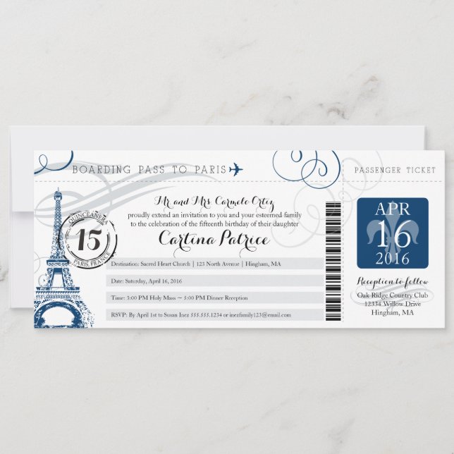 Invitation Quinceanera | Paris Embarquement Pass (Devant)