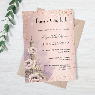 Invitation Quinceanera Paris or rose Tour Eiffel