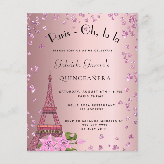Invitation Quinceanera Paris rose poudré (Devant)