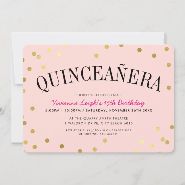 Invitation QUINCEAÑERA PARTI luxe d'or confetti taches rose (Devant)