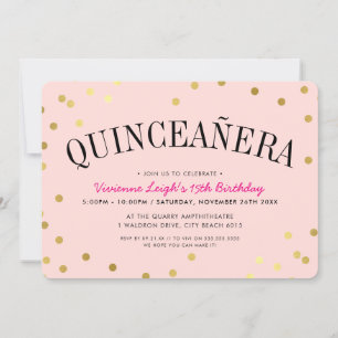 Invitation QUINCEAÑERA PARTI luxe d'or confetti taches rose