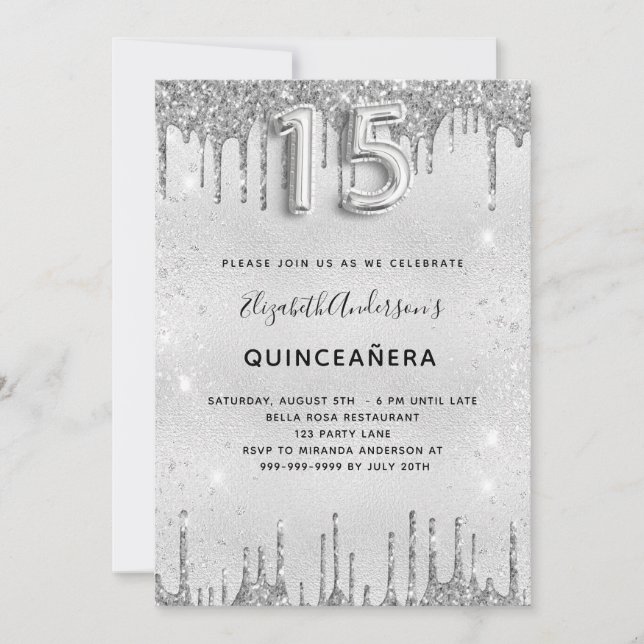 Invitation Quinceanera parties scintillant argent élégant (Devant)