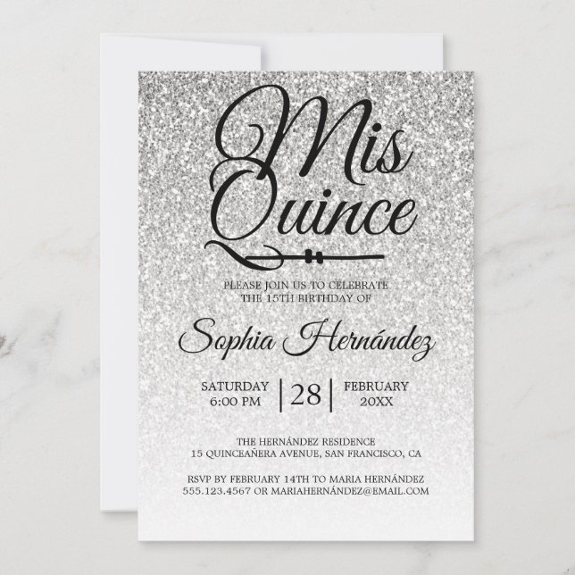 Invitation Quinceañera Parties scintillant d'argent 15e anniv (Devant)