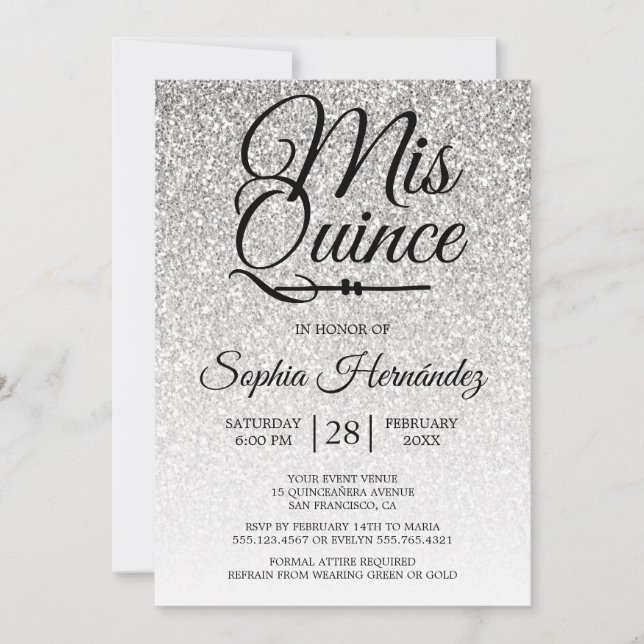 Invitation Quinceañera Parties scintillant d'argent 15e anniv (Devant)