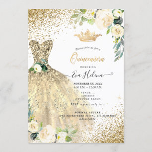 Invitation Quinceañera, Parties scintillant d'or Gown Roses d