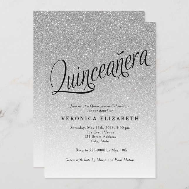 Invitation Quinceanera Parties scintillant en argent Invitati (Devant / Derrière)
