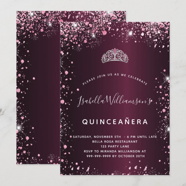 Invitation Quinceanera parties scintillant en tiare rose (Devant / Derrière)