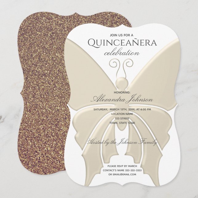 Invitation Quinceanera Parties scintillant Gold Butterfly 15e (Devant / Derrière)
