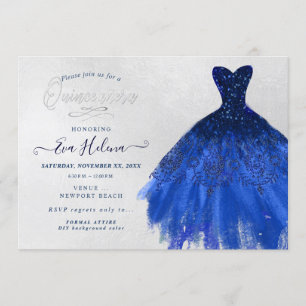 Invitation Quinceañera, Parties scintillant Gown, Bleu de mar