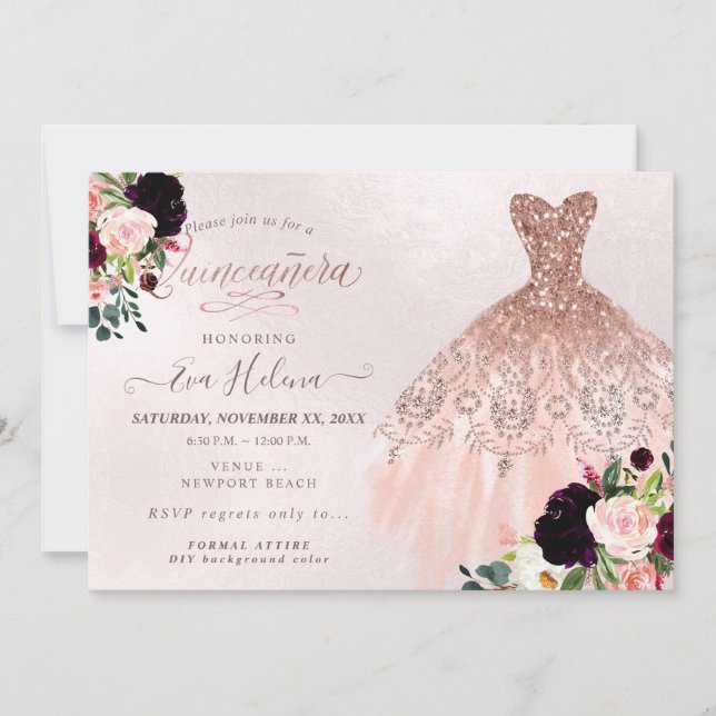 Invitation Quinceañera, Parties scintillant Gown, Bourgogne (Devant)