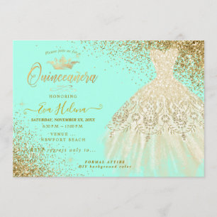 Invitation Quinceañera, Parties scintillant Gown, Faux Gold+M