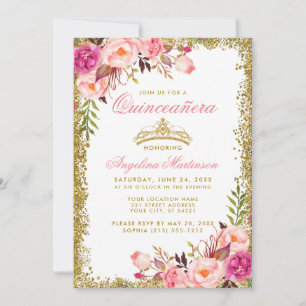 Invitation Quinceanera Parties scintillant or Couronne rose f
