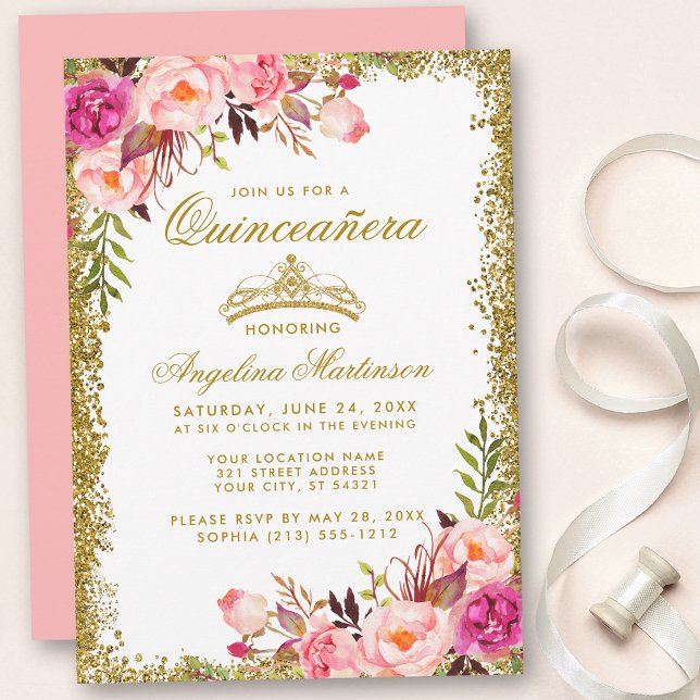 Invitation Quinceanera Parties scintillant or Couronne rose f (Customize to change text color, style, add text & photos to back or change color of back of card.)