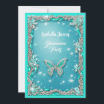 Invitation Quinceañera parties scintillant papillon turquoise<br><div class="desc">Invitation tes amis et ta famille pour fêter ton 15e anniversaire avec cette invitation branchée Quinceanera fête. Le design est composé d'un arrière - plan vert turquoise avec des diamants scintillants et d'élégants papillons. Cette invitation est parfaite pour un élégant thème de bijoux scintillants. Vous pouvez le customiser avec vos...</div>