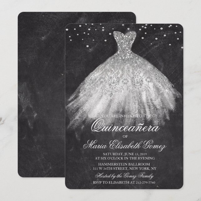 Invitation Quinceanera Parties scintillant robe Diamond Chalk (Devant / Derrière)