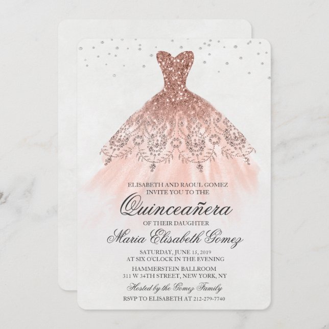 Invitation Quinceanera Parties scintillant robe Diamond Invit (Devant / Derrière)