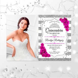 Invitation Quinceanera Party avec photo - Argent Blanc Rose