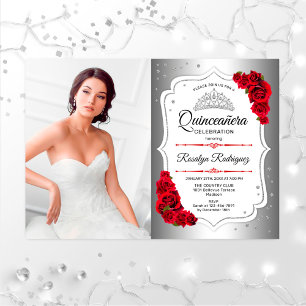 Invitation Quinceanera Party avec photo - Argent Blanc Rouge