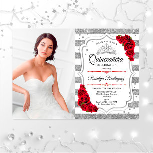 Invitation Quinceanera Party avec photo - Argent Blanc Rouge