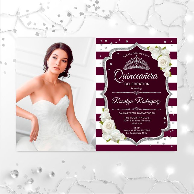 Invitation Quinceanera Party avec photo - Argent Bourgogne (Créateur téléchargé)