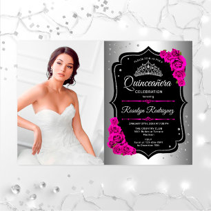 Invitation Quinceanera Party avec photo - Argent noir rose