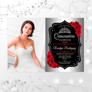 Invitation Quinceanera Party avec photo - Argent Noir Rouge