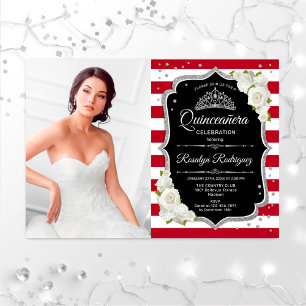 Invitation Quinceanera Party avec photo - Argent Noir Rouge