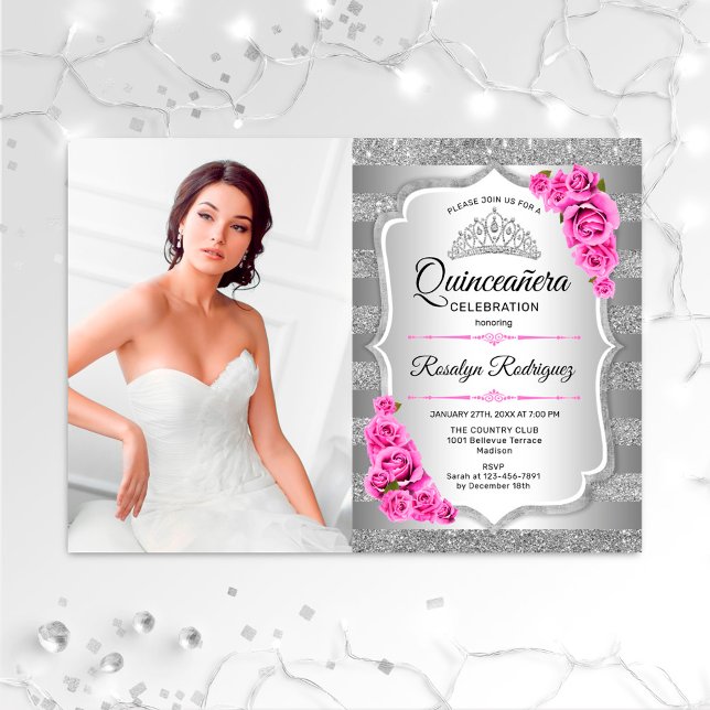 Invitation Quinceanera Party avec photo - Argent rose (Créateur téléchargé)