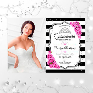 Invitation Quinceanera Party avec photo - Argent rose blanc