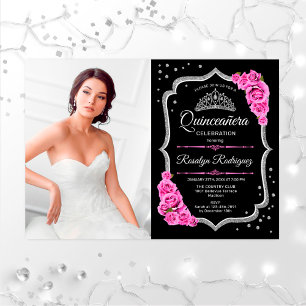 Invitation Quinceanera Party avec photo - Argent Rose Noir
