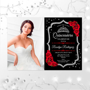 Invitation Quinceanera Party avec photo - Argent Rouge Noir