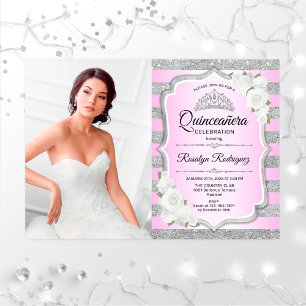 Invitation Quinceanera Party avec photo - Argent violet rose