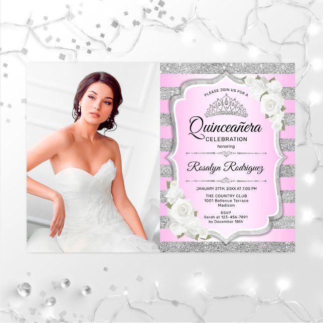 Invitation Quinceanera Party avec photo - Argent violet rose (Créateur téléchargé)