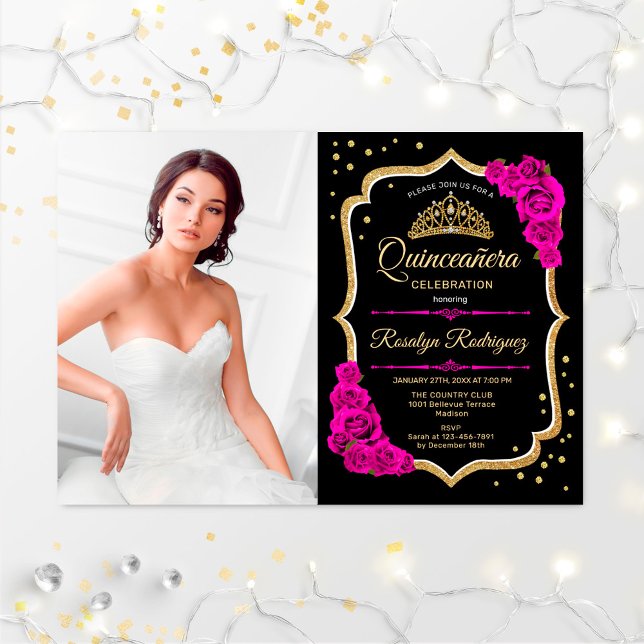 Invitation Quinceanera Party avec photo - Black Pink Gold (Créateur téléchargé)