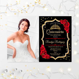 Invitation Quinceanera Party avec photo - Black Red Gold