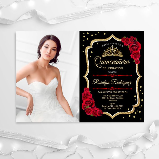 Invitation Quinceanera Party avec photo - Black Red Gold (Créateur téléchargé)