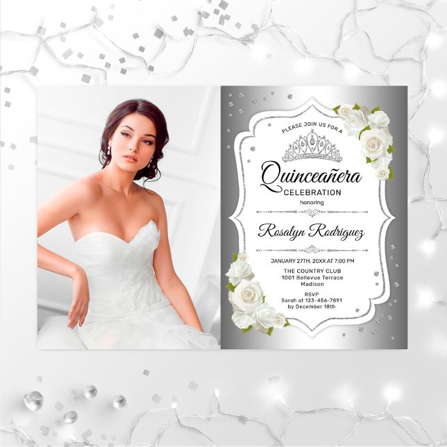 Invitation Quinceanera Party avec photo - Blanc Argent (Créateur téléchargé)