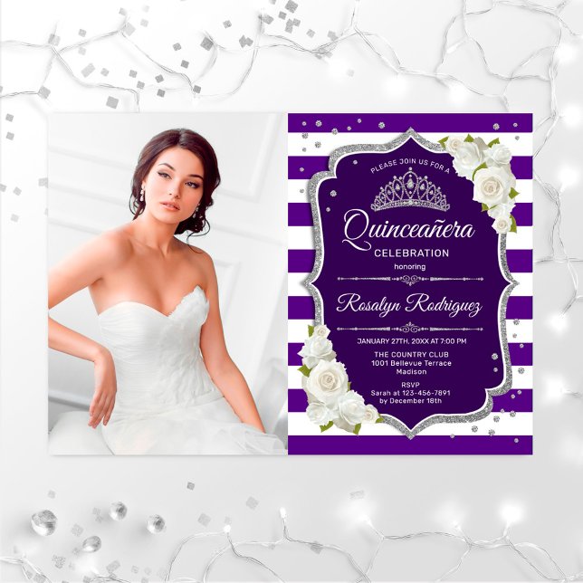 Invitation Quinceanera Party avec photo - Blanc d'argent viol (Créateur téléchargé)