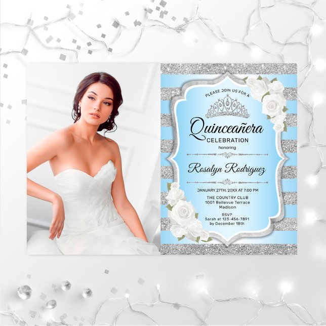 Invitation Quinceanera Party avec photo - Bleu Argent (Créateur téléchargé)