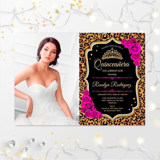 Invitation Quinceanera Party avec photo - Empreinte de léopar (Créateur téléchargé)