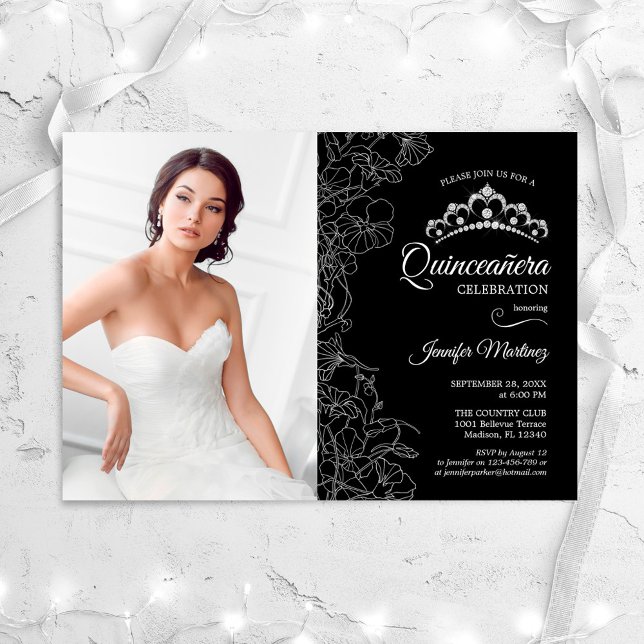 Invitation Quinceanera Party avec photo - Floral noir blanc (Créateur téléchargé)