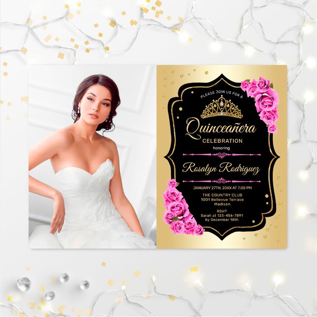 Invitation Quinceanera Party avec photo - Gold Black Rose (Créateur téléchargé)