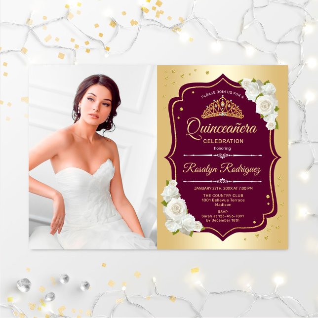 Invitation Quinceanera Party avec photo - Gold Burgundy (Créateur téléchargé)