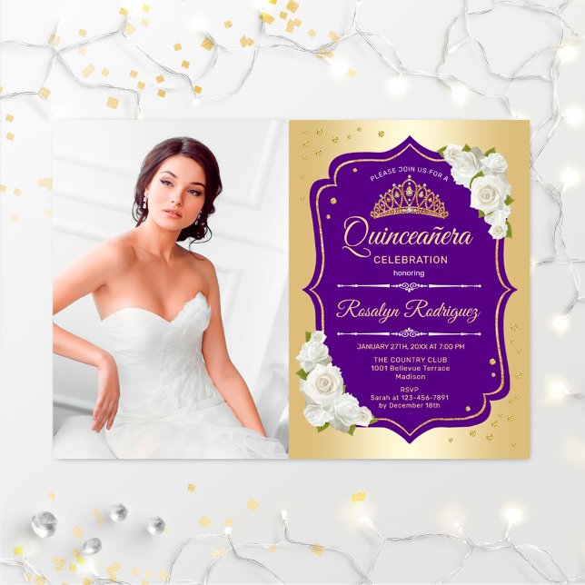 Invitation Quinceanera Party avec photo - Gold Purple (Créateur téléchargé)