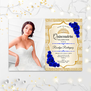 Invitation Quinceanera Party avec photo - Gold Royal Blue