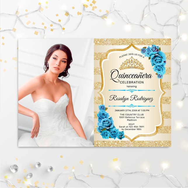Invitation Quinceanera Party avec photo - Gold Turquoise Bleu (Créateur téléchargé)