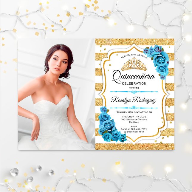 Invitation Quinceanera Party avec photo - Gold Turquoise Bleu (Créateur téléchargé)