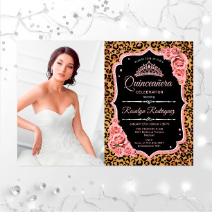 Invitation Quinceanera Party avec photo - Leopard Rose Gold